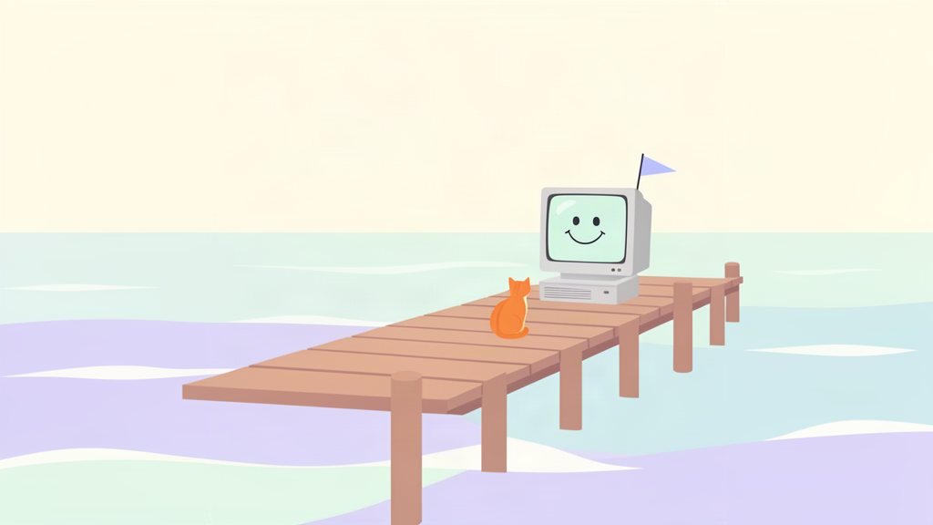 Illustratie van een houten steiger die in zee ophoudt, met aan het uiteinde een oude computer met een lachend gezichtje, een vlaggetje en een kat die uitkijkt over het water.